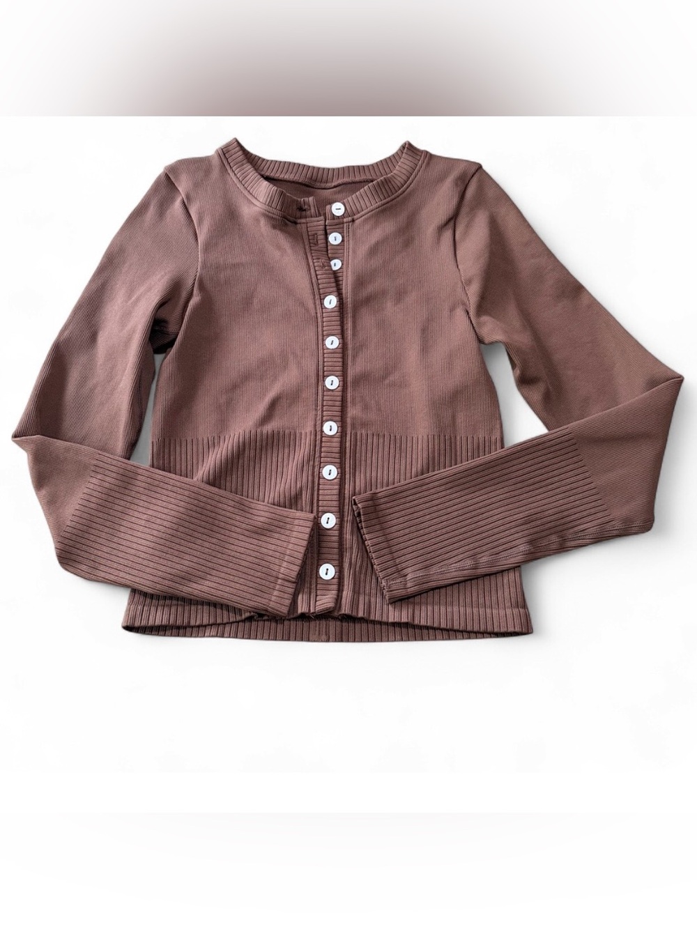 OQQ Ribbed Seamless Button Down Long Sleeve Top Neutral Brown Size M